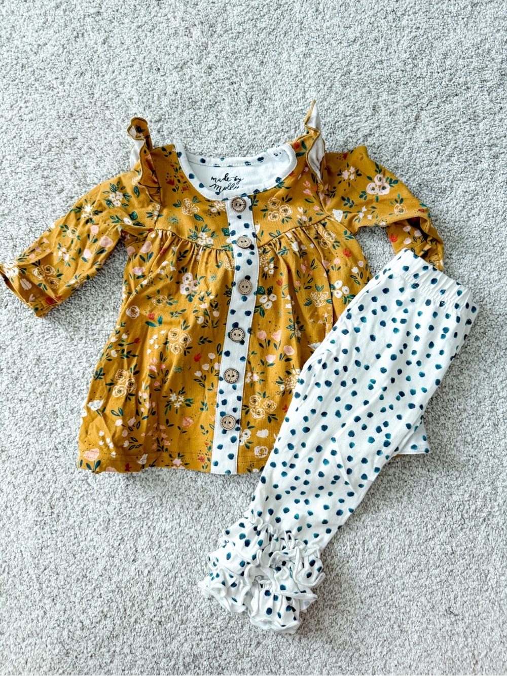 Mustard Floral Ruffle Top & White Polka Dot Leggings - Girls  Set